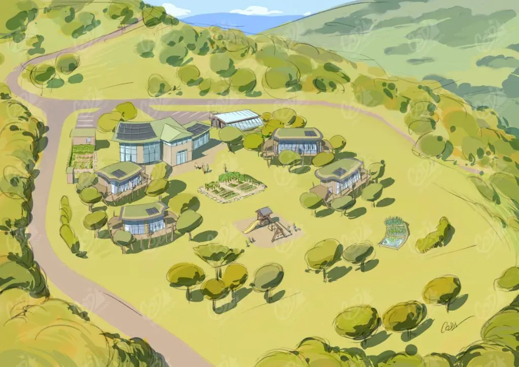 vision aérienne d'un hameau en Provence, avec maisons écologiques, culture, maison commune et phyto-épuration.