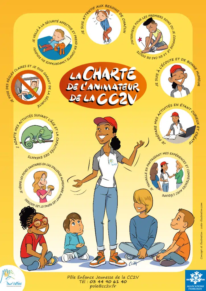 une animatrice jeunesse et un groupe d'enfants. Les 9 points principaux de la responsabilité de l'animateur.